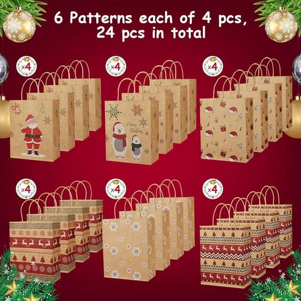 Reusable Christmas Gift Bags - 24 PCS with Handles