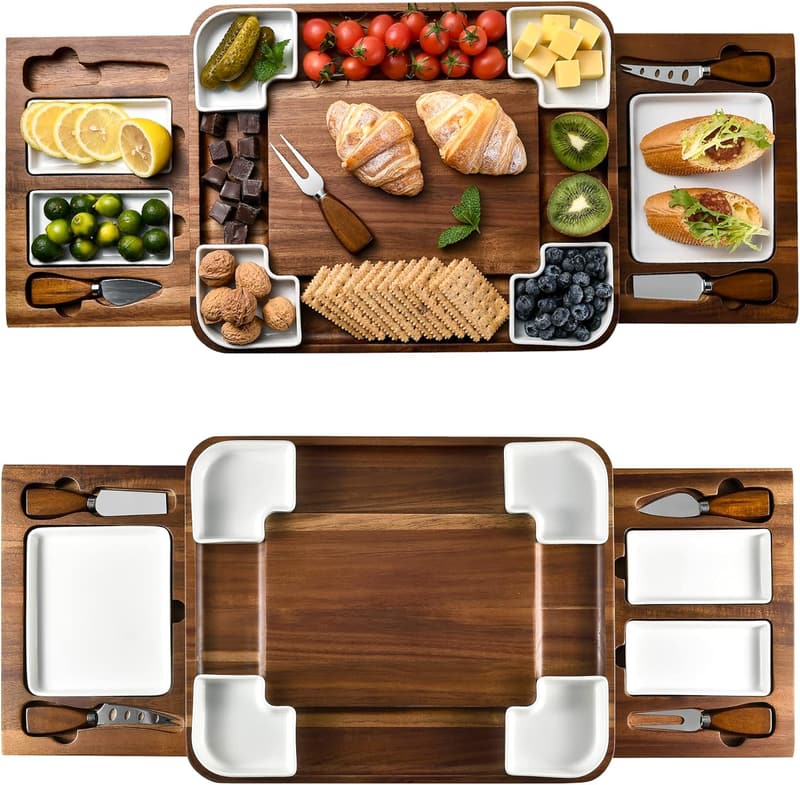 Handcrafted Acacia Cheese Board Set with Stainless Steel Cutlery