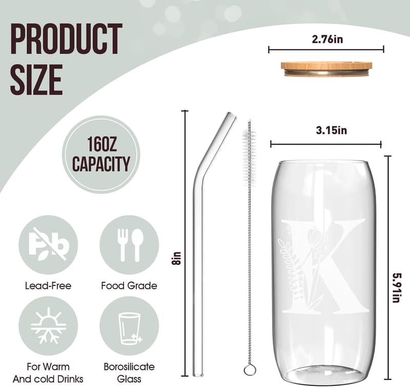 Personalized 16oz Drinking Glasses with Lids & Straws for Women