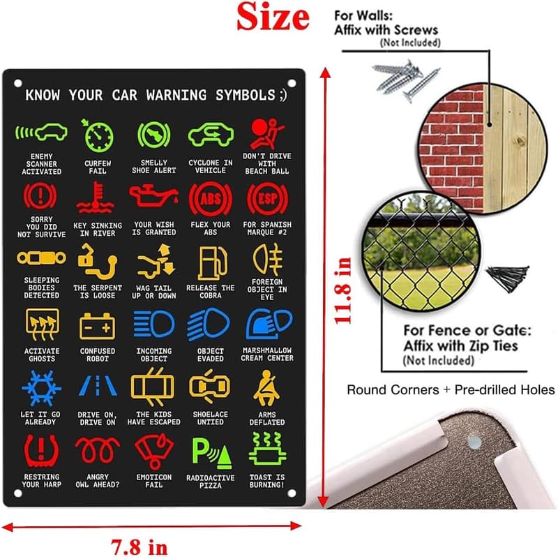 Funny Car Warning Lights Metal Sign for Garage or Man Cave, 12x8 Inch