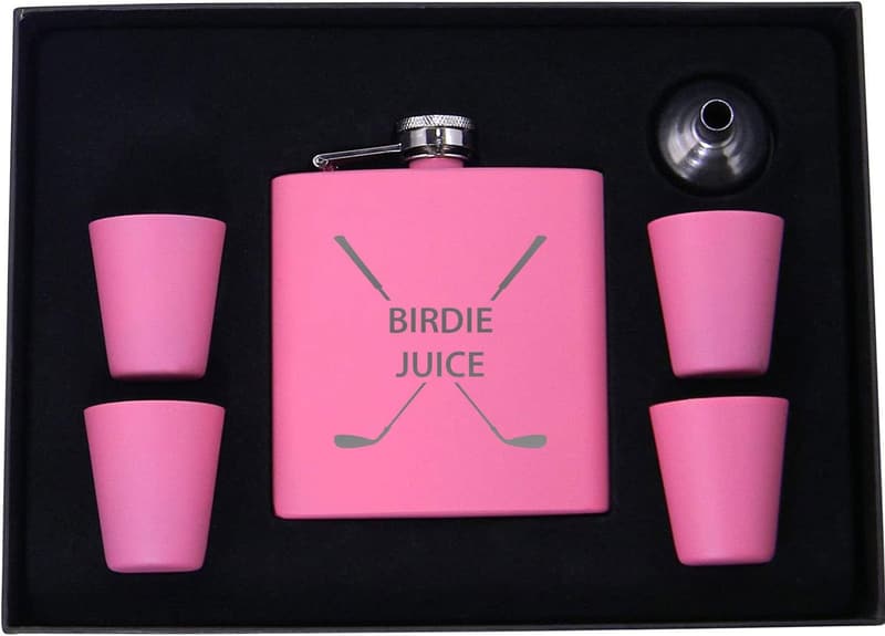 Golfing Gift Set: Pink Stainless Steel Birdie Juice Flask with Shot Glasses