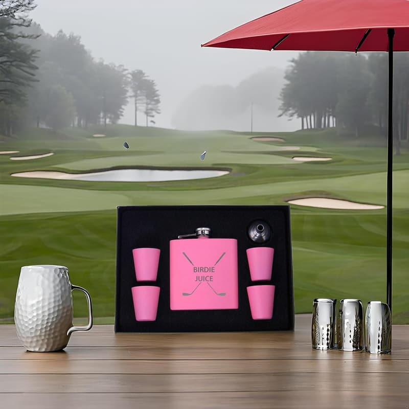 Golfing Gift Set: Pink Stainless Steel Birdie Juice Flask with Shot Glasses