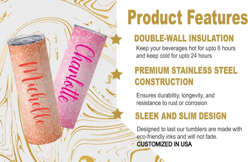 Personalized 20oz Stainless Steel Tumbler with Glitter Effect