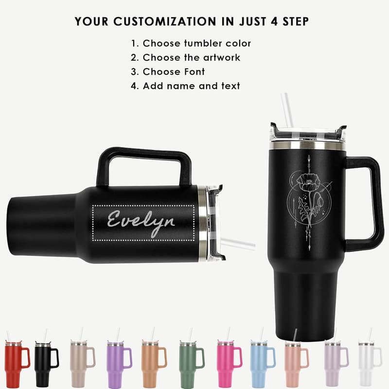 Personalized Birth Month Flower Tumbler - 40 oz Insulated Steel