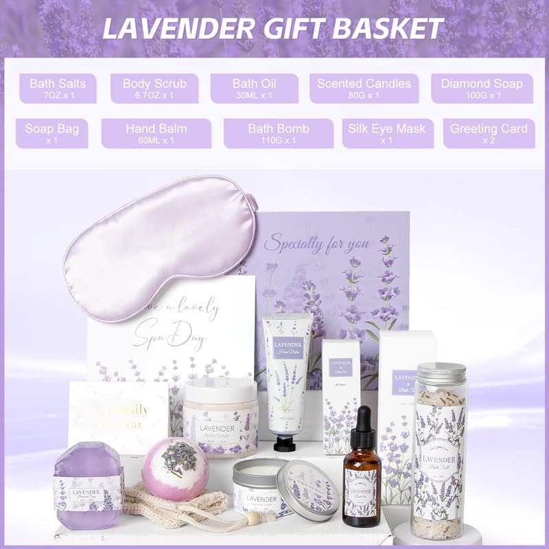 Lavender Spa Gift Set for Women - 11 Pcs Self-Care Basket