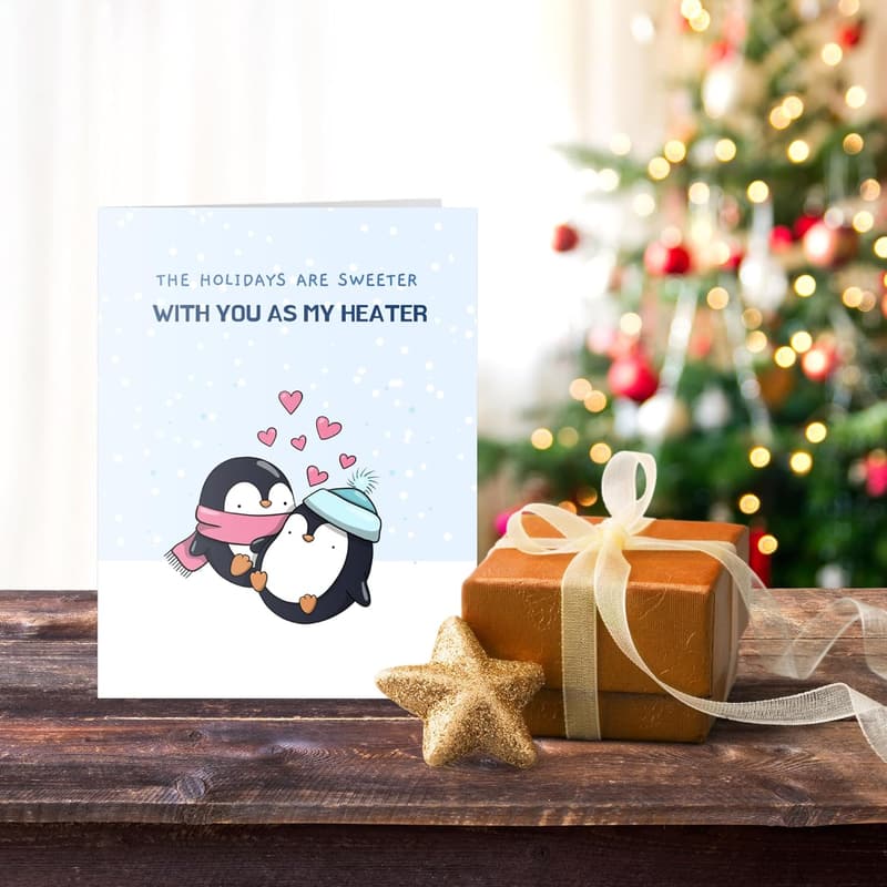 Christmas Card with Penguins - Cute Greeting for Couples