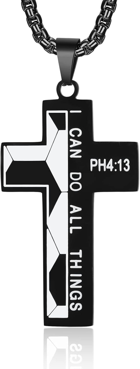 Bible Verse Soccer Cross Necklace for Men - Stainless Steel Pendant