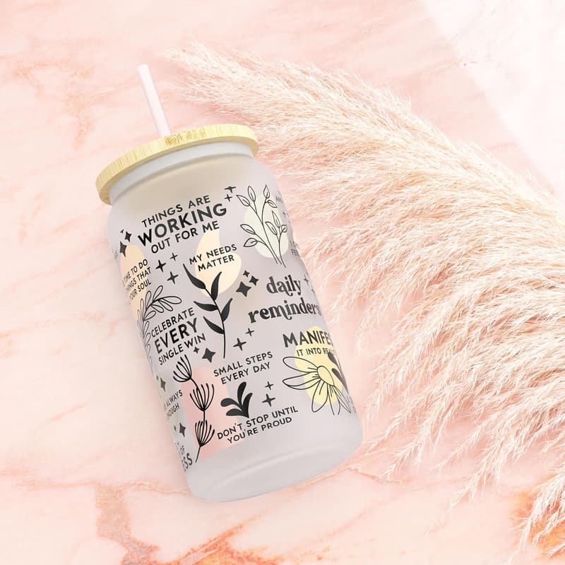 Daily Affirmation Frosted Iced Coffee Cup with Lid & Straw
