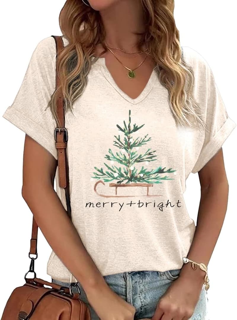 Funny Christmas V-Neck Tee for Women - Holiday Graphic Shirt