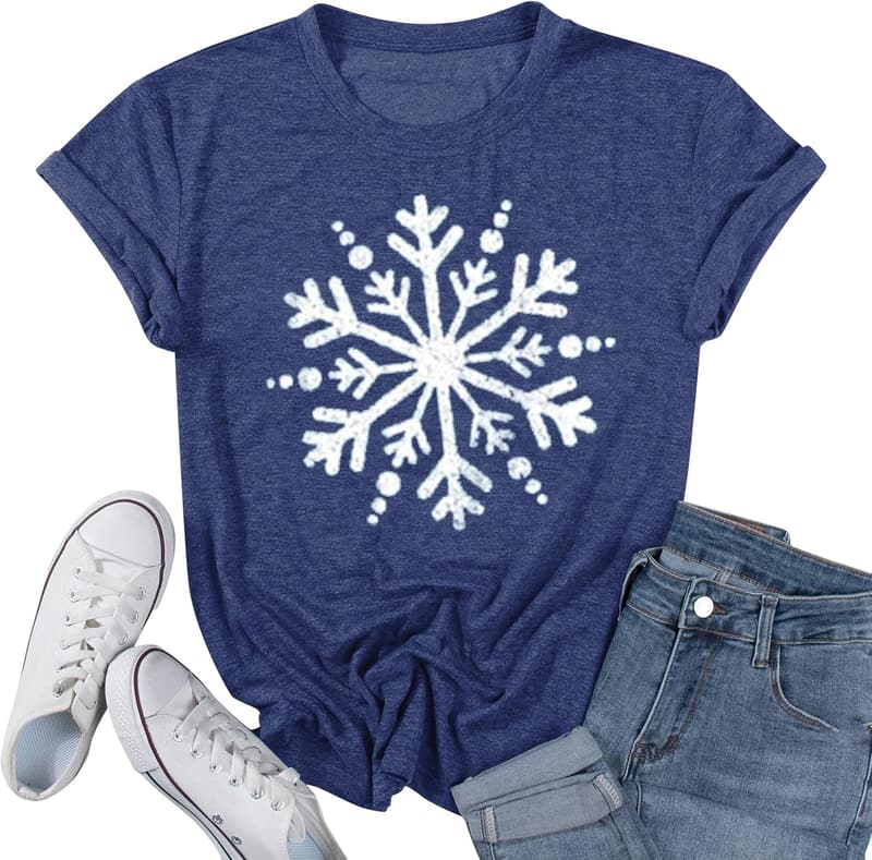 Cute Snowflake Graphic Tee for Women - Short Sleeve Christmas Shirt