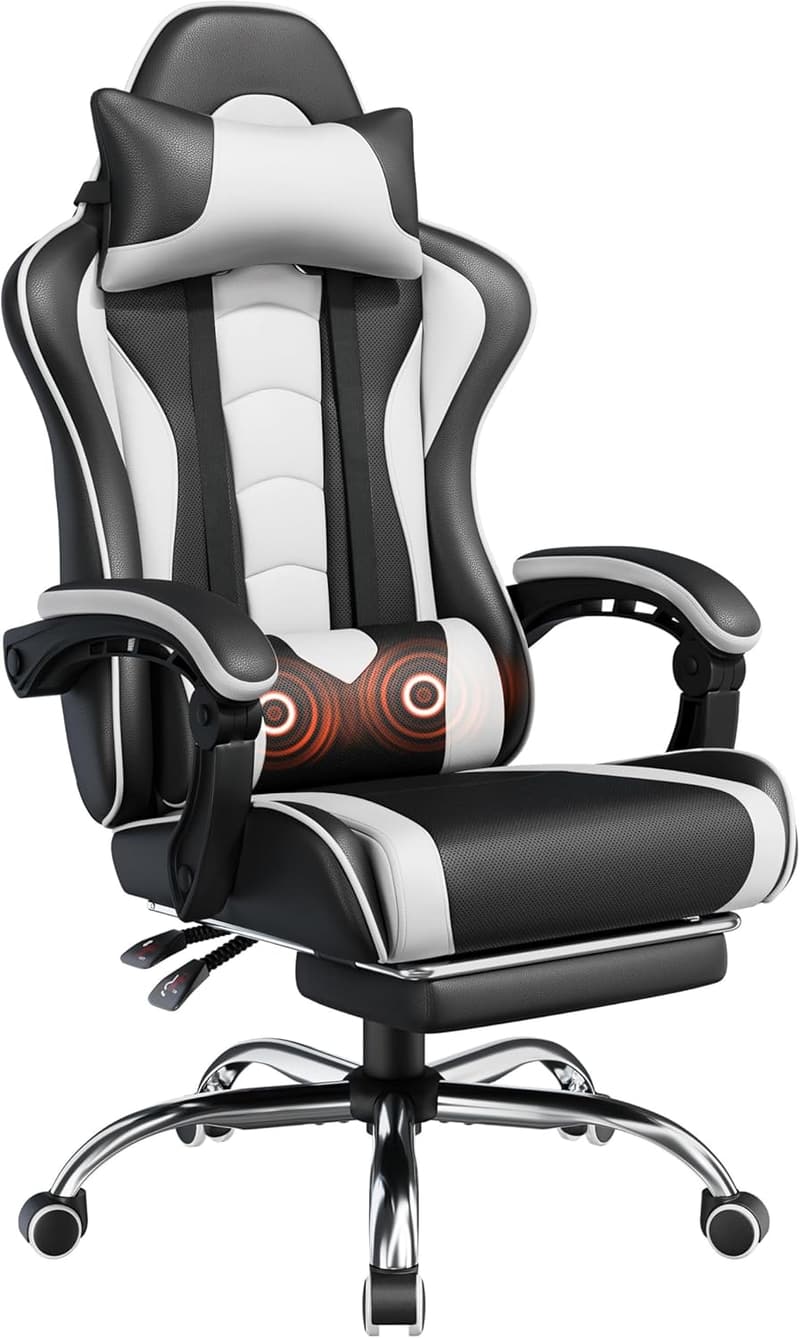 Ergonomic Gaming Chair with Massage Lumbar Support and Footrest