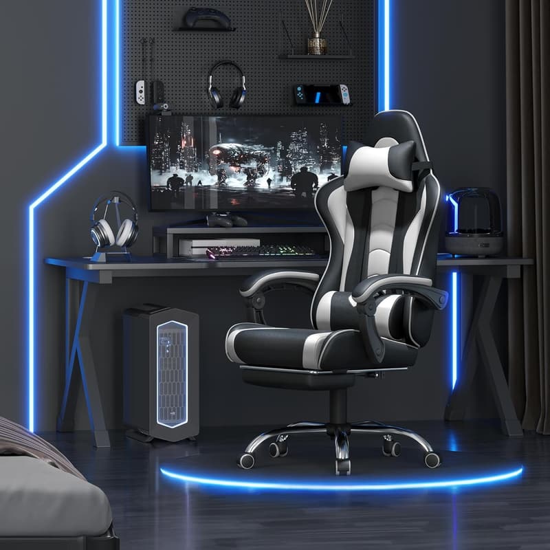 Ergonomic Gaming Chair with Massage Lumbar Support and Footrest