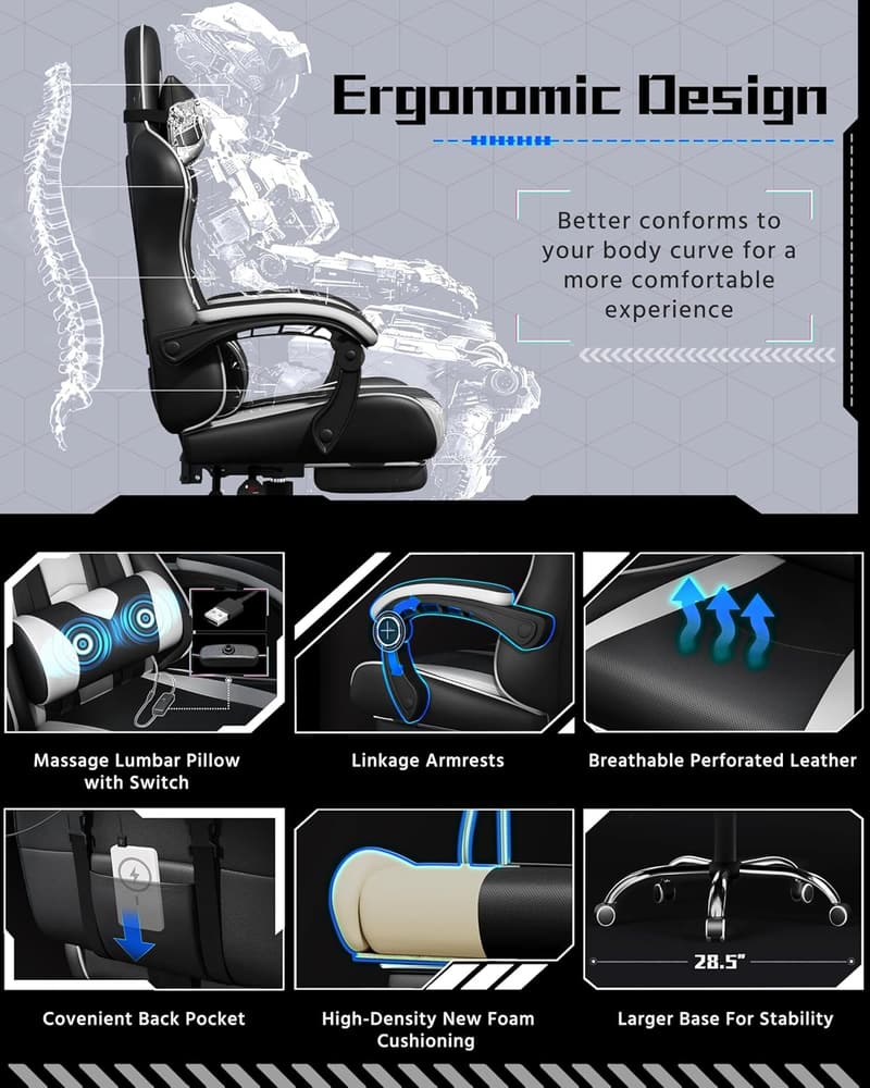 Ergonomic Gaming Chair with Massage Lumbar Support and Footrest