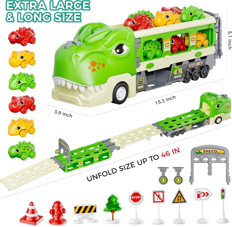 Dinosaur Truck Race Set with Foldable Track & Accessories, Birthday Gift for Kids