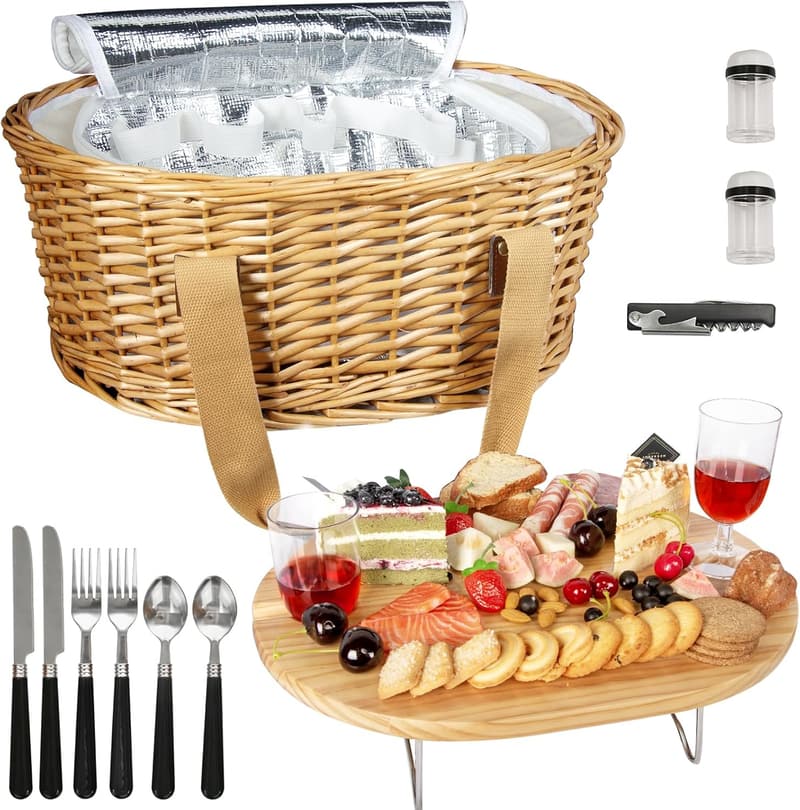 Picnic Basket Set for 2 with Insulated Cooler & Cutlery