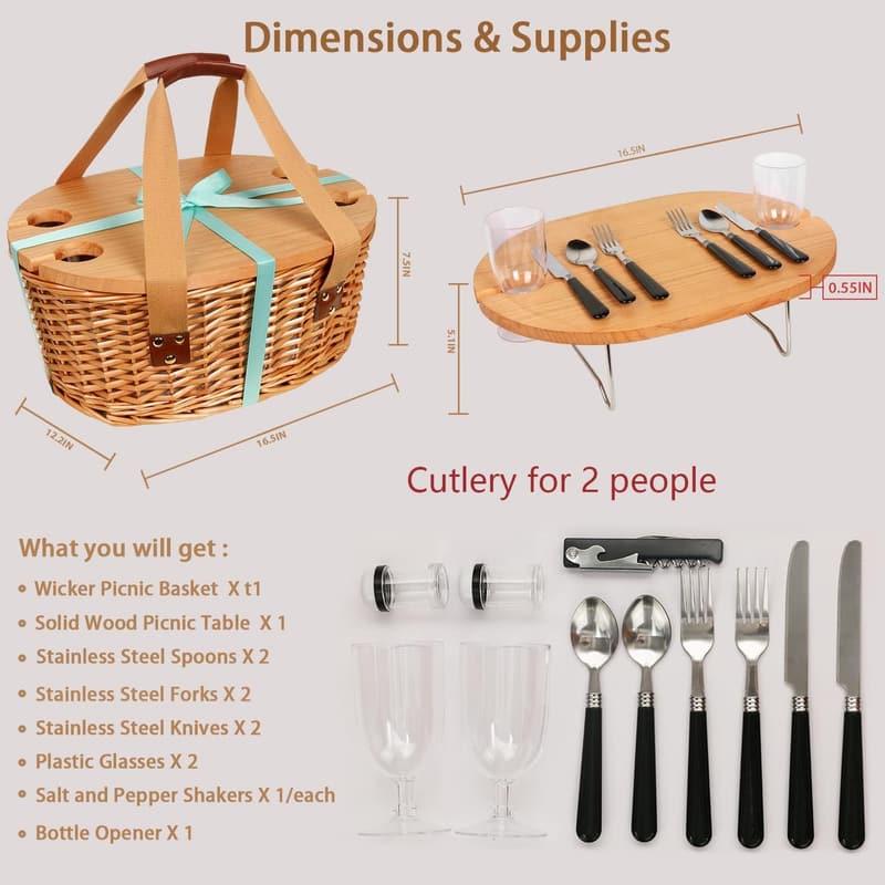 Picnic Basket Set for 2 with Insulated Cooler & Cutlery