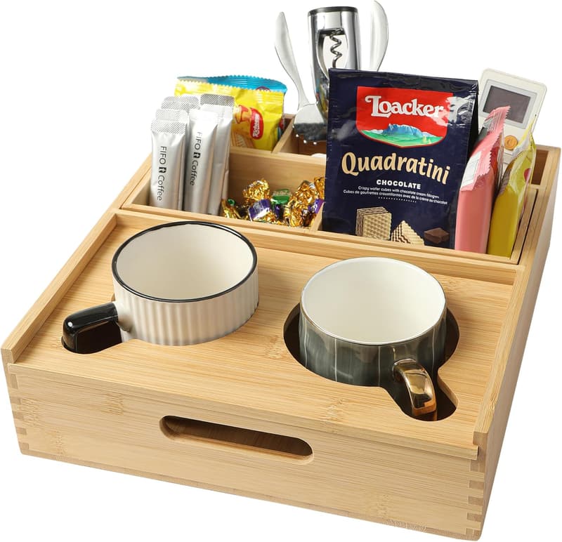 Bamboo Couch Caddy Organizer Tray with 7 Compartments