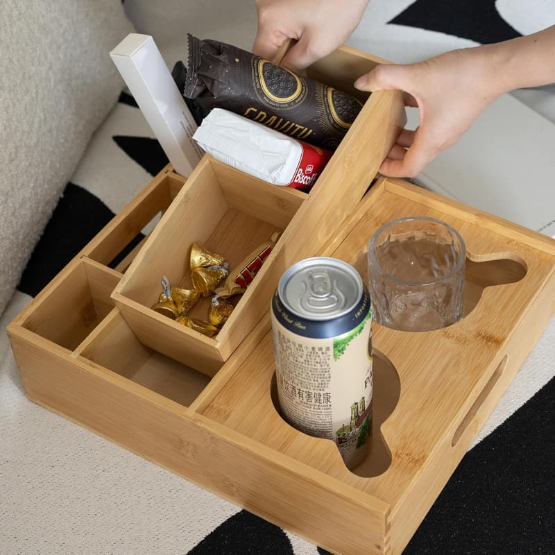 Bamboo Couch Caddy Organizer Tray with 7 Compartments