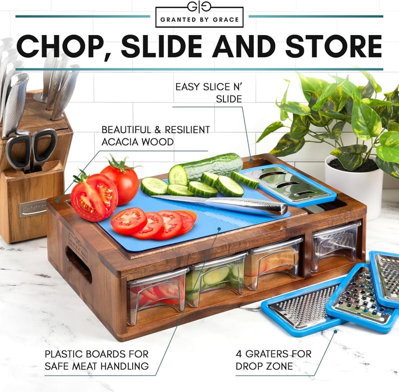Meal Prep Acacia Cutting Board with Containers & Graters