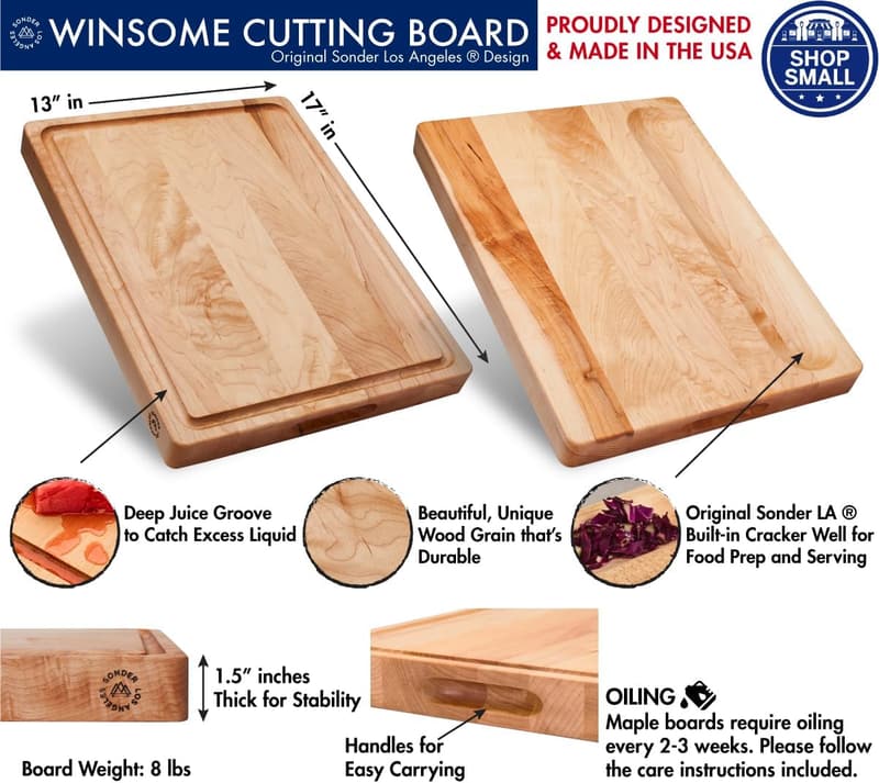 Large Maple Wood Cutting Board with Juice Groove & Compartment