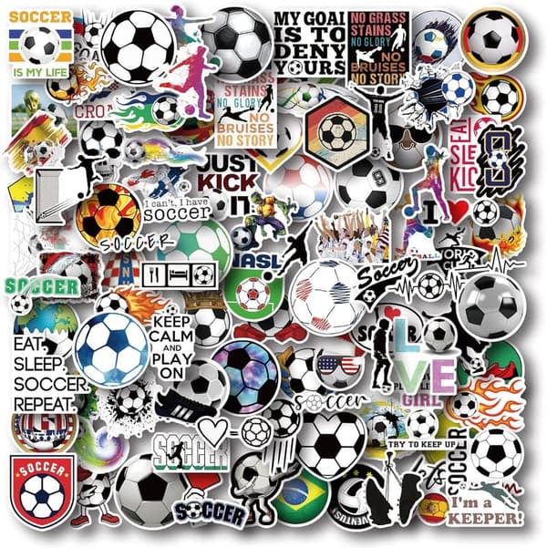 Soccer Party Favors: 100 Waterproof Vinyl Stickers Pack
