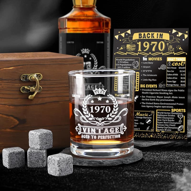 55th Birthday Whiskey Glass Set for Men with Wood Box & Coaster