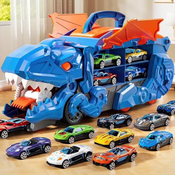 Dinosaur Transporter Truck Toy Set with 10 Die-Cast Cars