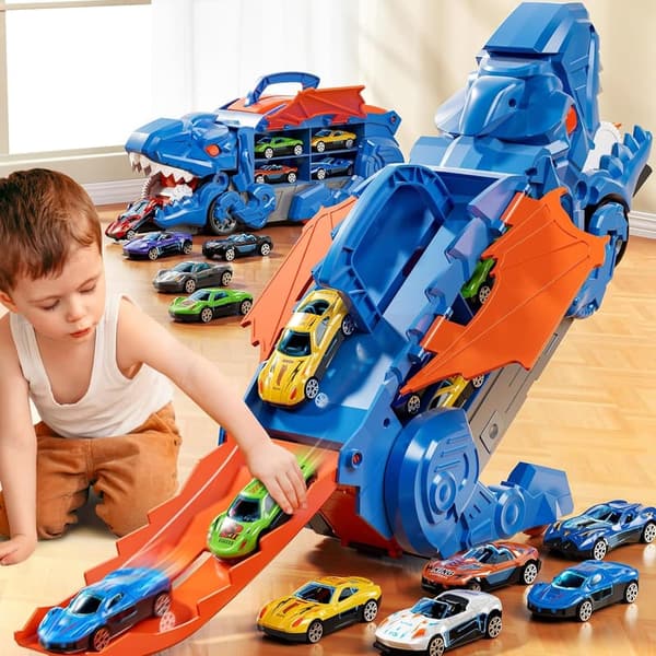 Dinosaur Transporter Truck Toy Set with 10 Die-Cast Cars
