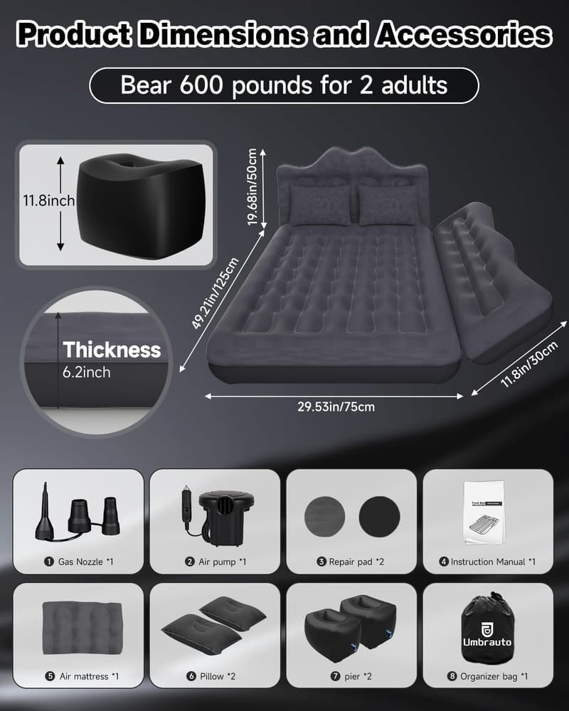 Inflatable SUV Air Mattress with Pump & Pillows for Camping
