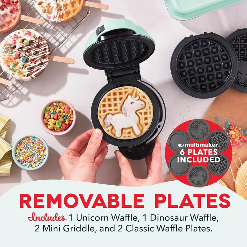 4-in-1 Mini Waffle Maker System with 6 Removable Plates (Aqua)