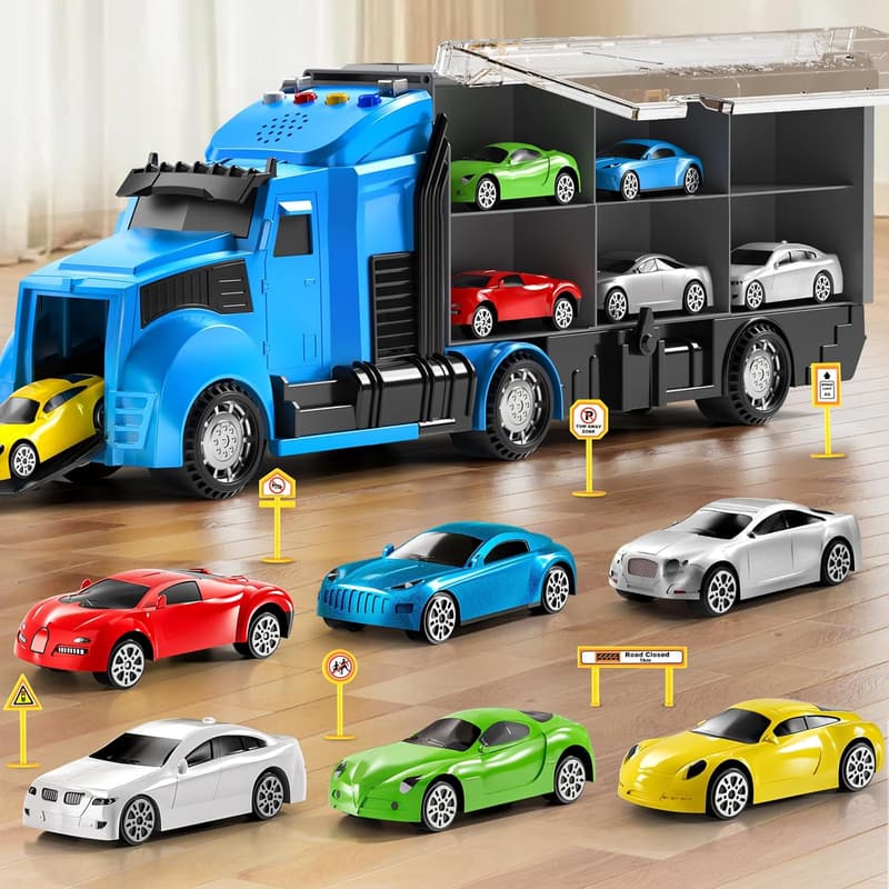 Racing Trucks Toy Set with Carrier and Play Mat for Boys 3-9