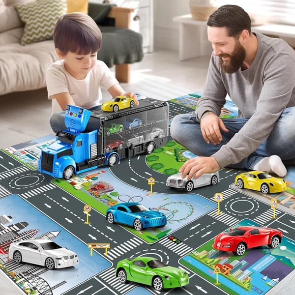 Racing Trucks Toy Set with Carrier and Play Mat for Boys 3-9