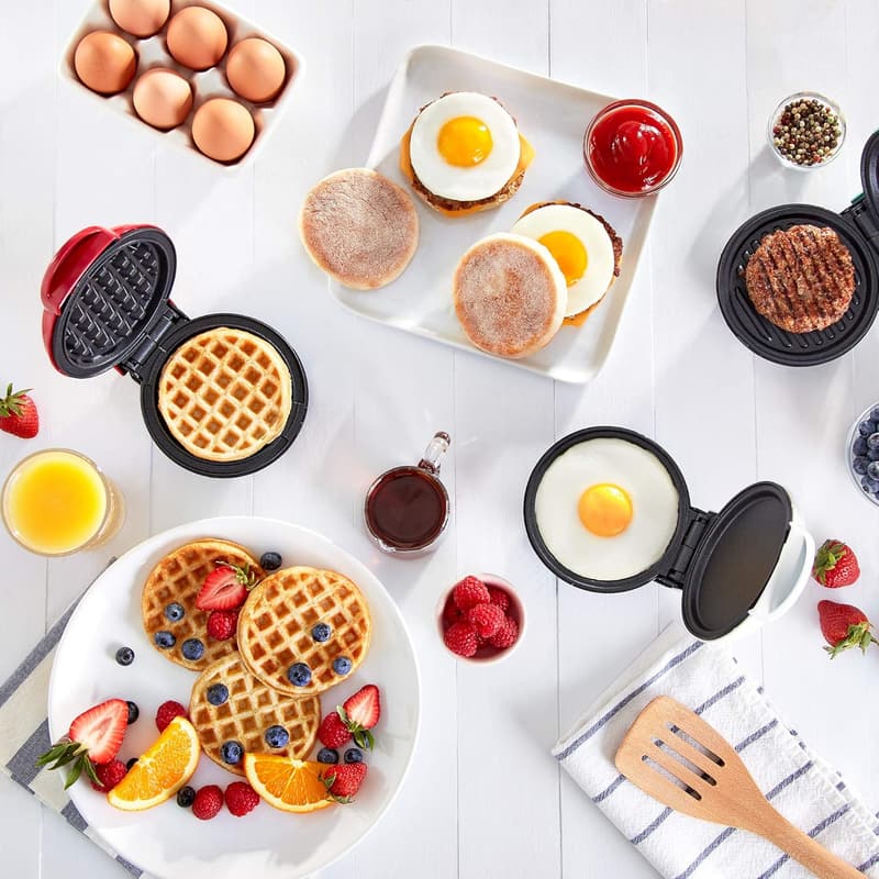 DASH 3-in-1 Mini Waffle Maker, Grill & Griddle - Red/Aqua/White