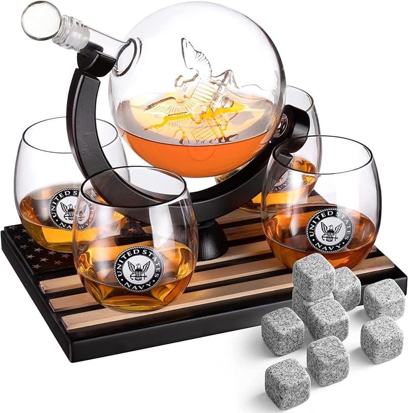 U.S. Navy Globe Whiskey Decanter Set with 4 Glasses for Men