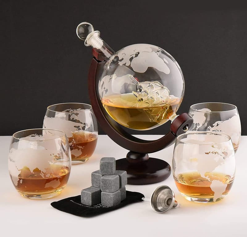 Globe Whiskey Decanter Set with Glasses - Housewarming Gift