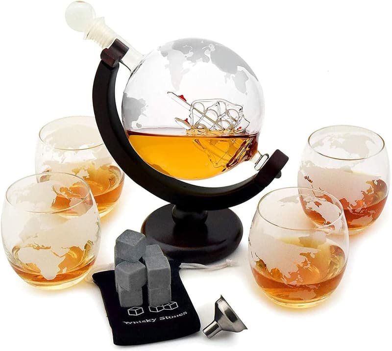 Globe Whiskey Decanter Set with Glasses - Housewarming Gift