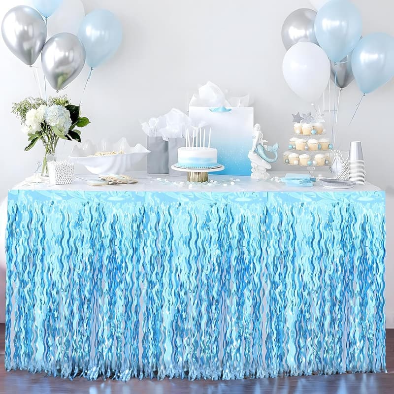 Teal Blue Tinsel Fringe Table Skirts for Mermaid Birthday Party