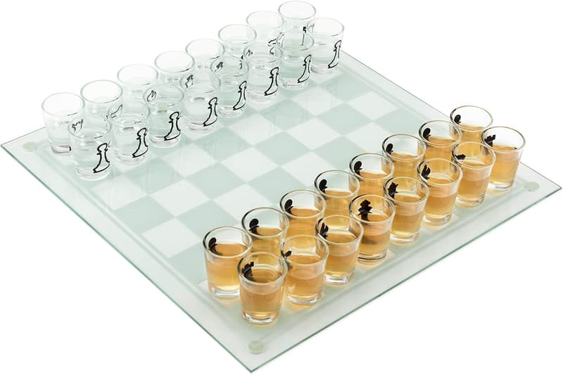 Shot Glass Chess Game with Clear and Frosted Glass Pieces