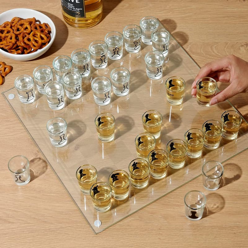 Shot Glass Chess Game with Clear and Frosted Glass Pieces