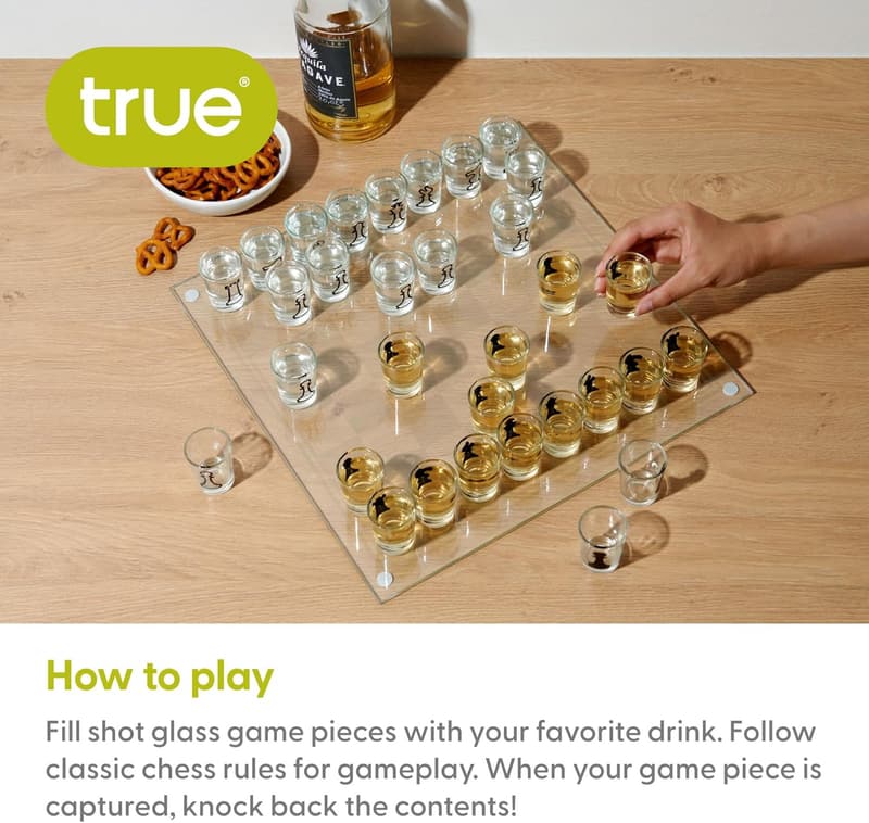 Shot Glass Chess Game with Clear and Frosted Glass Pieces