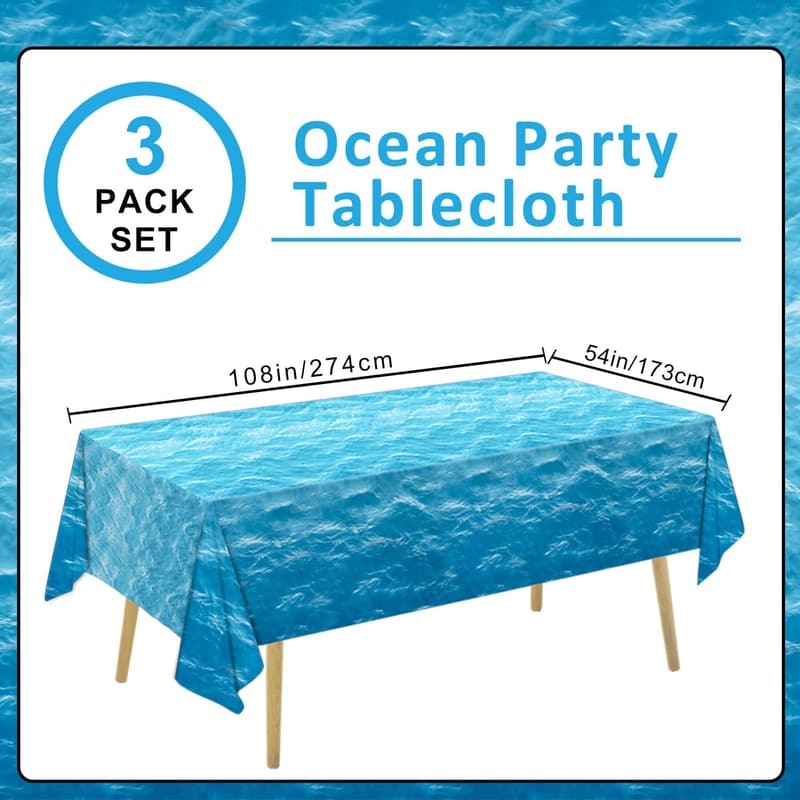 Ocean Party Tablecloths - 3-Piece Water Print Set, 54 x 108 Inch
