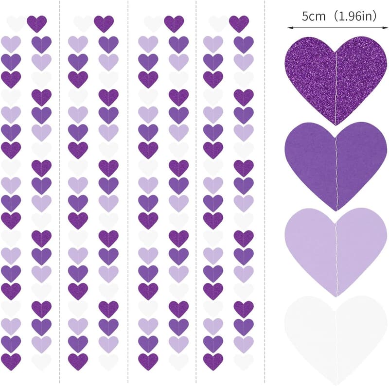 Purple Heart Garland - 52ft Streamers for Birthday or Baby Shower