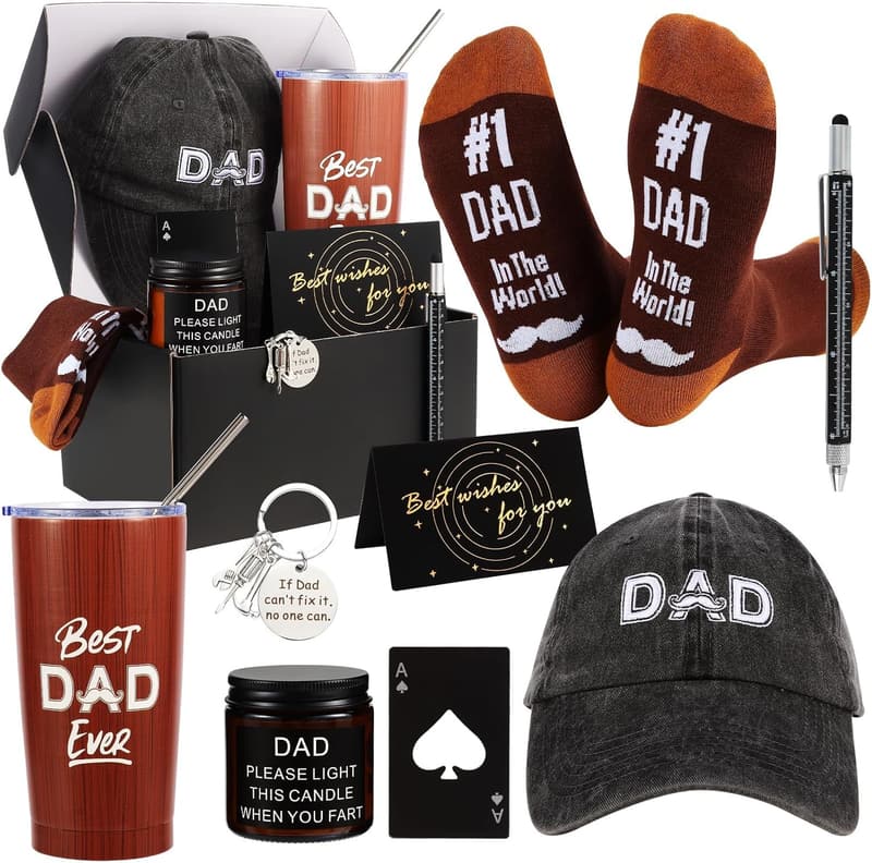 Father's Day Gift Set for Dad: Tumbler, Socks, Cap, Keychain, Card