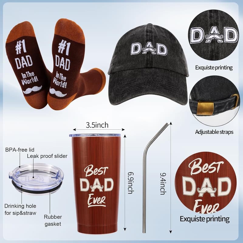 Father's Day Gift Set for Dad: Tumbler, Socks, Cap, Keychain, Card