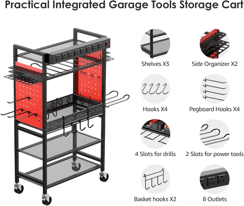Power Tool Organizer Cart with Charging Station for Mechanics