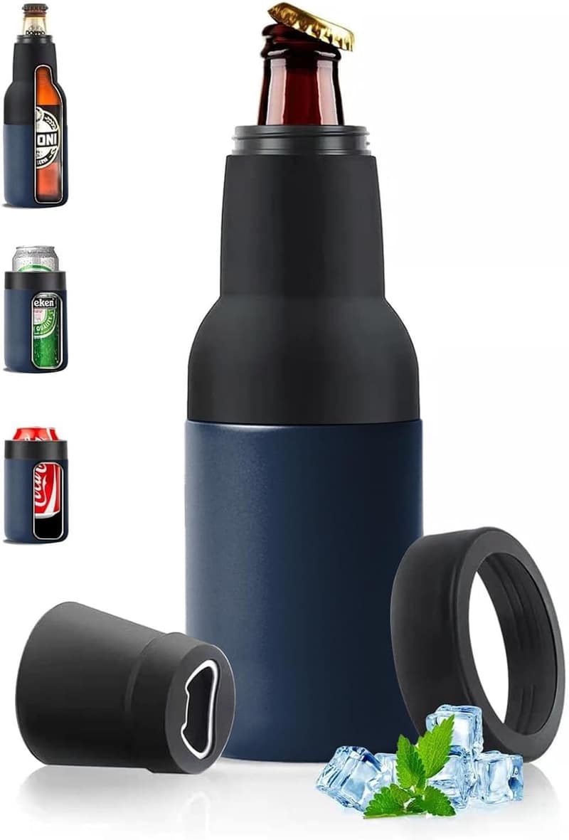 Men's Beer Bottle Cooler with Opener - 12 oz Insulator (Navy Blue)