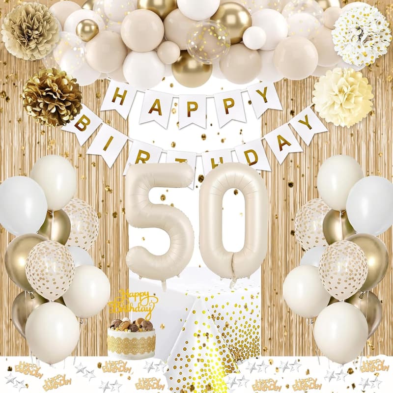 50th Birthday Decorations - White & Gold Balloon Set