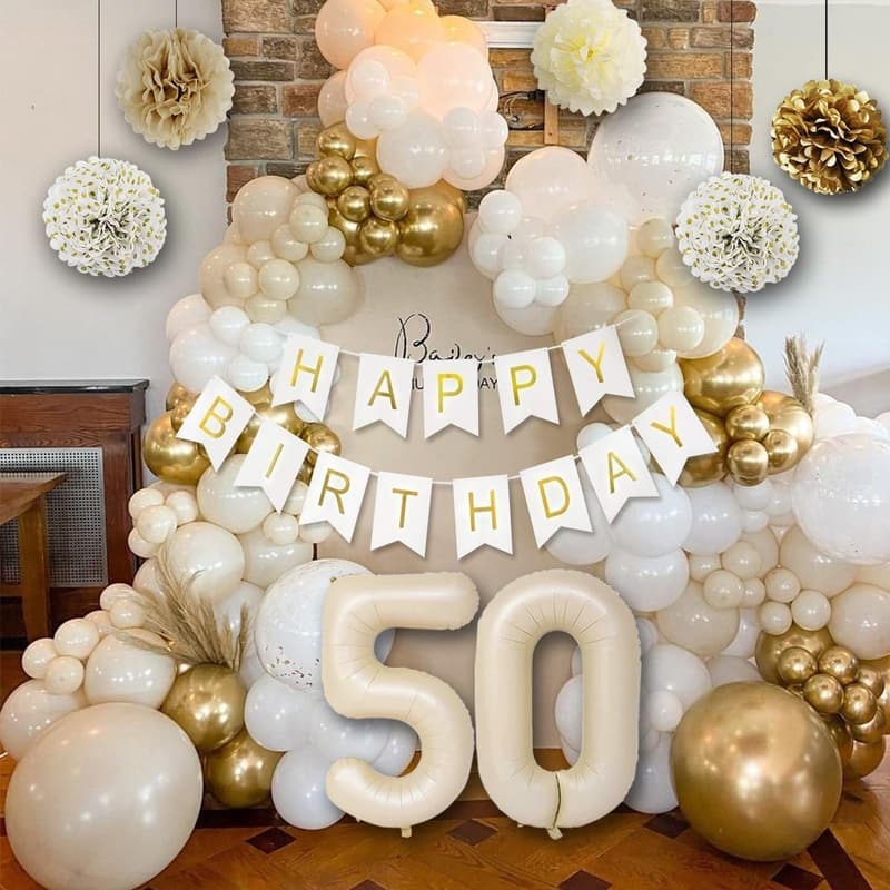 50th Birthday Decorations - White & Gold Balloon Set