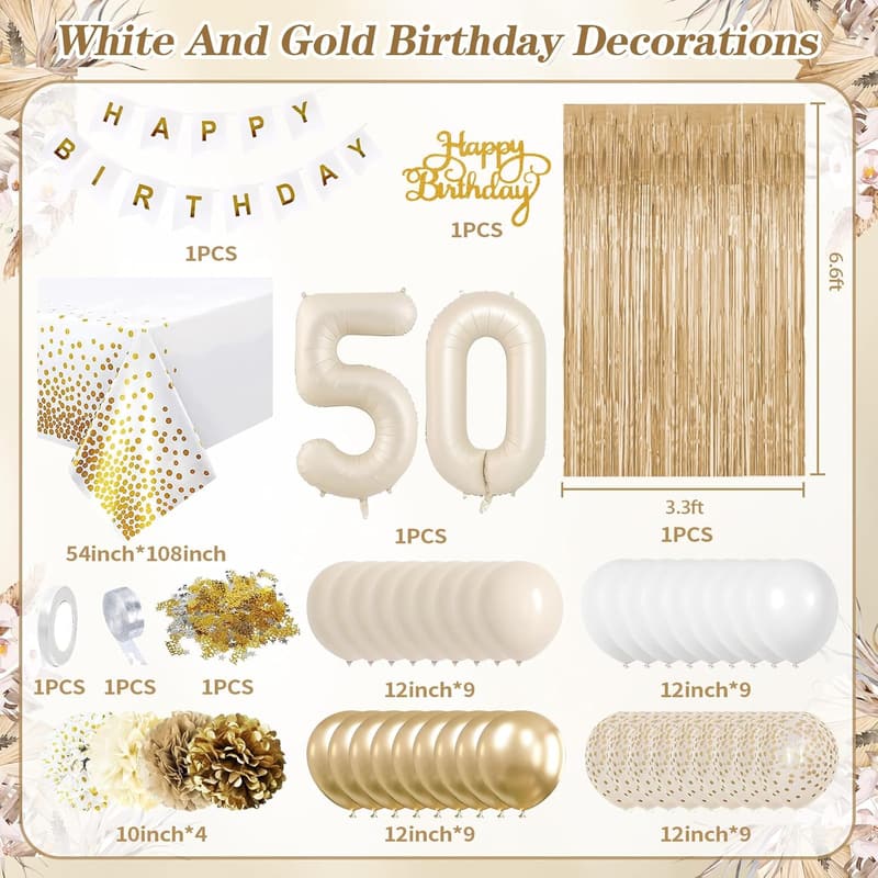 50th Birthday Decorations - White & Gold Balloon Set
