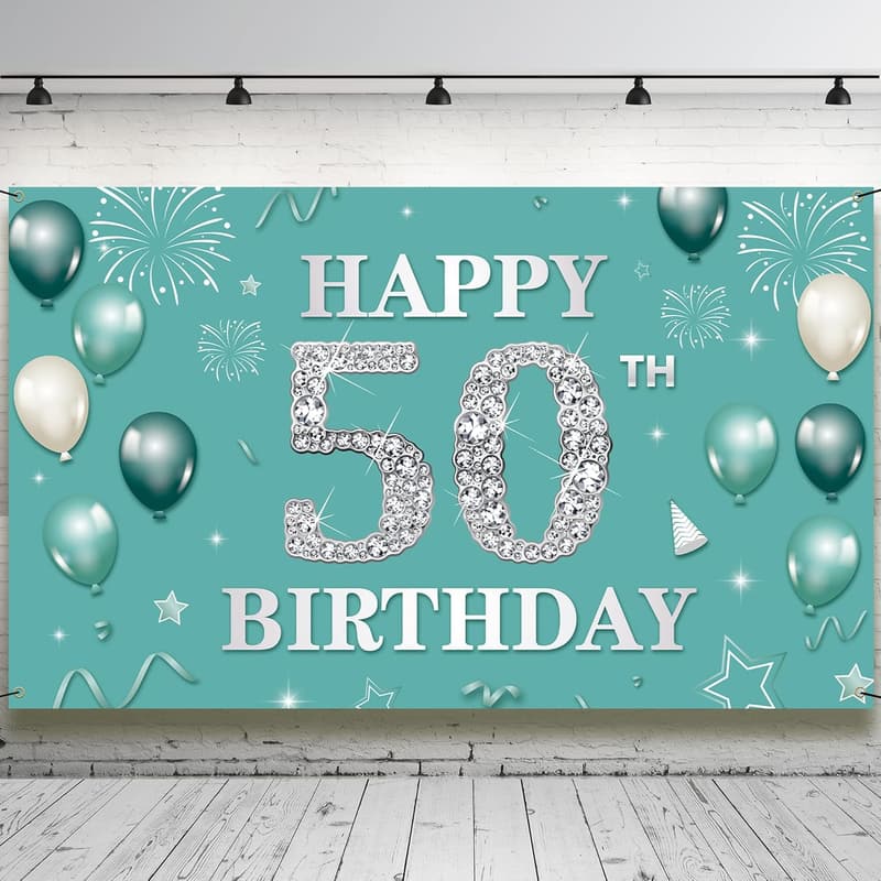 Teal Silver 50th Birthday Backdrop Banner for Women
